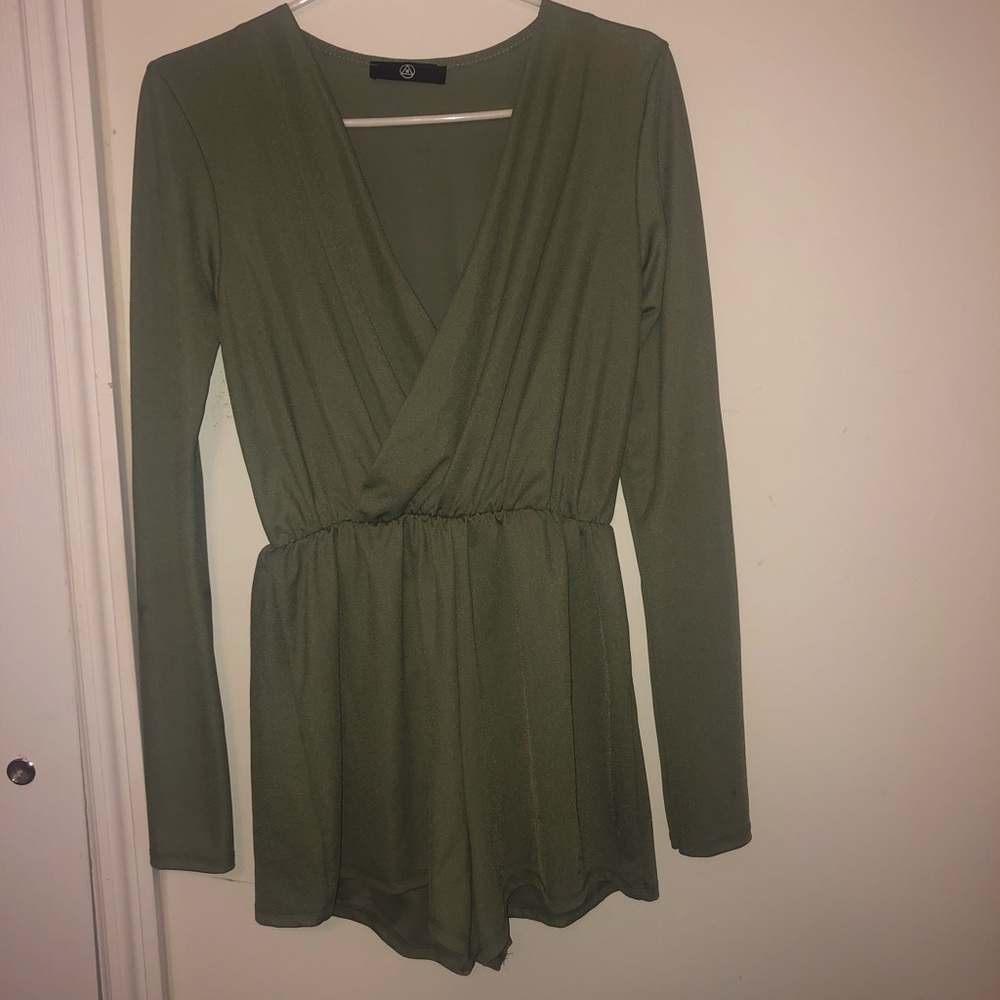 Olive green romper. Long sleeve. Shorts
